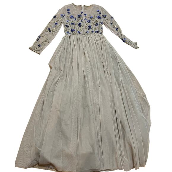 Aidan Mattox Ethereal Embroidered Tulle Longsleeve Floral Beaded Maxi Dress Sz 6 - Picture 6 of 6